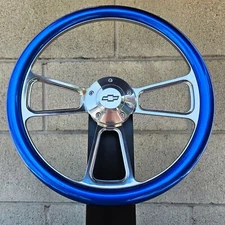 14" Billet Steering Wheel Muscle Metallic Blue Half Wrap Chevy Horn Licensed