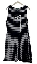 Lauren Ralph Lauren Women’s Navy Stripe Cotton Lace Up V Neck Dress Size XL