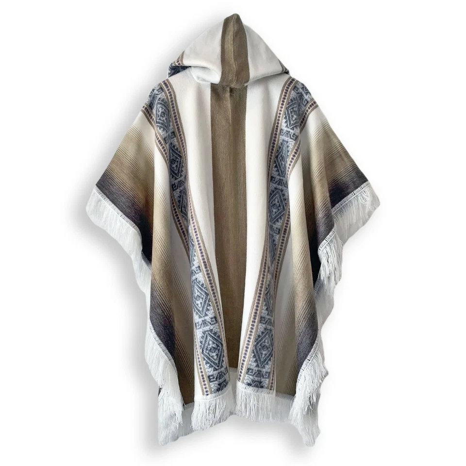 LIGHT BABY ALPACA WOOL HOODED PONCHO FRINGE UNISEX HANDMADE - Image 2 of 4