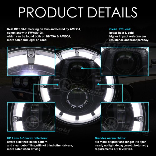 7" inch LED Headlight H4&Halo Ring DRL Fit For Honda Goldwing Yamaha Road Star - Picture 14 of 16
