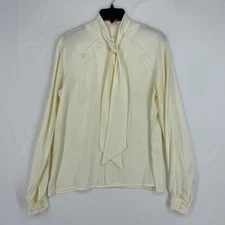 Halston III Womens Size 8 Vintage Button Front Blouse Ivory Check Neck Tie LS