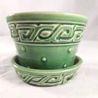 McCoy Pottery Green Greek Key & Hobnail Planter 3 in w/ Attached Saucer MCM