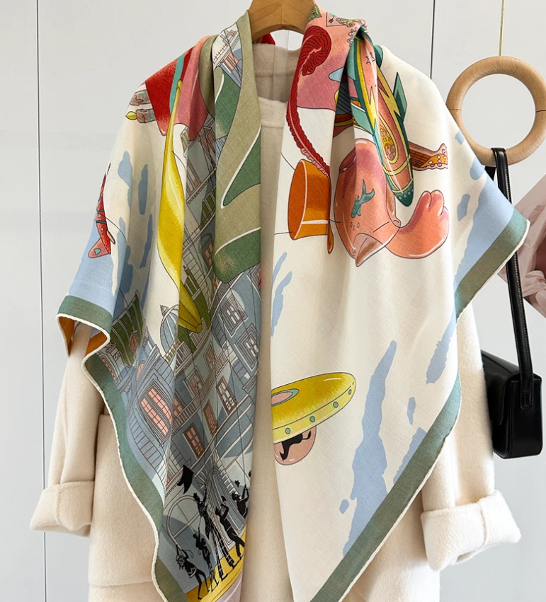 70% Cashmere 30% Silk Wrap Scarf Horse Print Double Face Print Shawl 135X135cm - Image 2 of 4