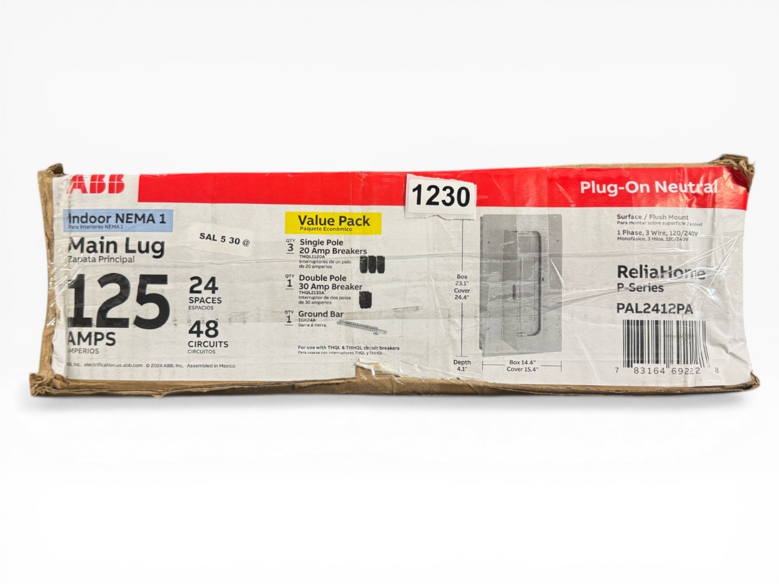 ABB 125 Amp 24 Space Main Lug Indoor Neutral Load Center Value Pack, PAL2412PA