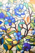 Window Privacy Film - Stained Glass Style Floral 24" x 36", Glazed Blue