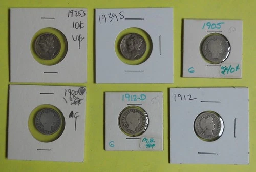 Lot Of 4 Barber and 2 Mercury Dimes... 90% Silver... 1900/05/12/12D/25S/39S