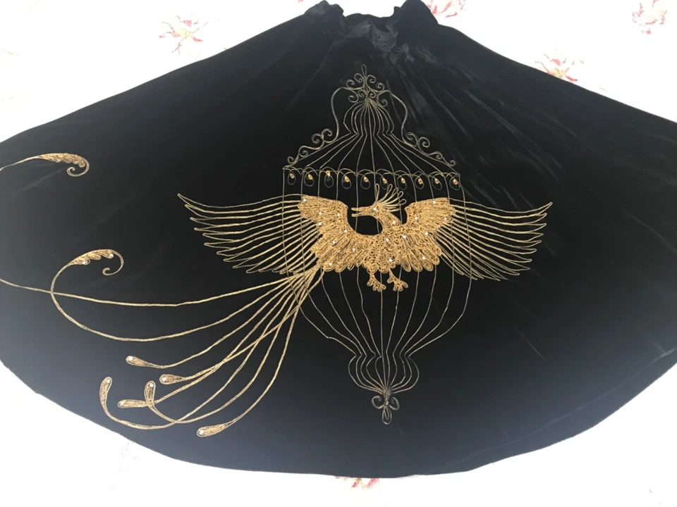 Vintage Joan Roberts CA golden Peacock embroidered on black velvet skirt & top - Image 4 of 4