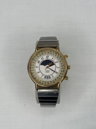 Timex 364 T Cell Quartz Watch Vintage Moon Phase Perpetual Calendar Gold Tone