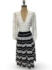 ULLA JOHNSON Charline Black & White Applique Tiered Lace V-Neck Midi Dress 2