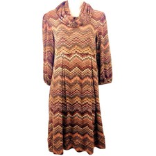 New Directions Orange Green Tan Chevron Print Knit Dress Long Sleeve Cowl Neck