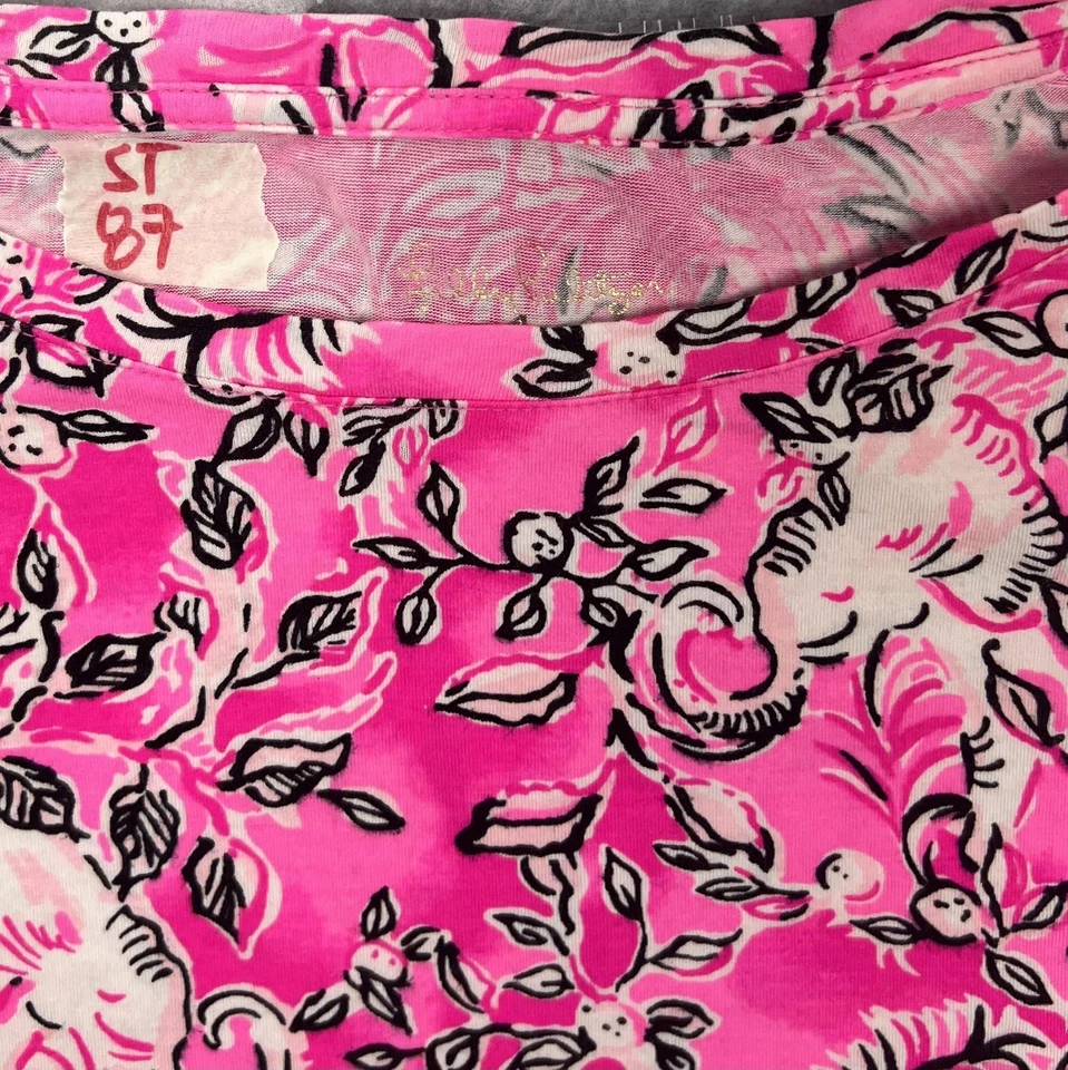 Camisa Lilly Pulitzer Mujer Mediana Rosa Estampado Blanco Manga Larga Logo Camiseta Cinta Foto 4 de 4