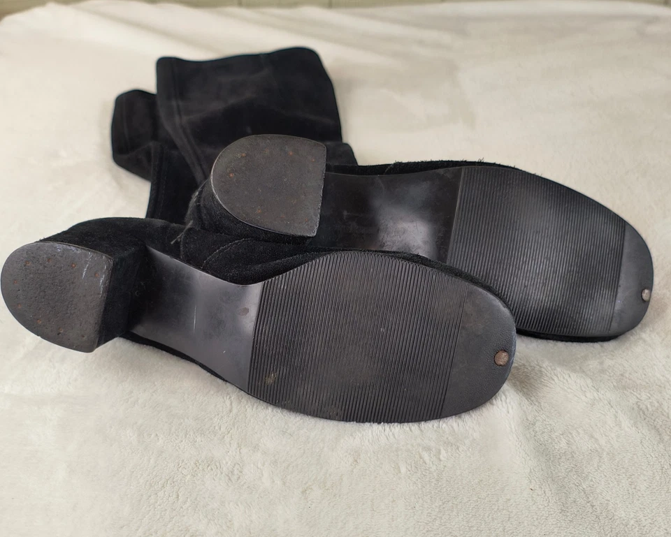 Vintage 60s 70s Gogo Boots 8 Black Suede Knee High Block Heel Authentic - Image 4 of 4