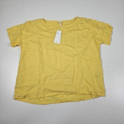 Eileen Fisher Shirt Womens Petite Small Yellow Organic Linen Boat Neck Top