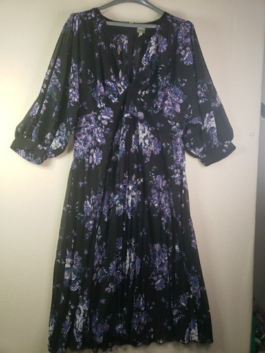 ASOS Maxi Sz 16 Black Purple Floral Long Sleeve Smock Waist Sheer Pleated Dress - Picture 1 of 14