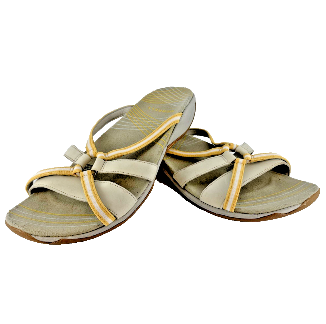 Merrell Camellia sandali donna slide taglia 6 pelle gialla J35594 fodera argento