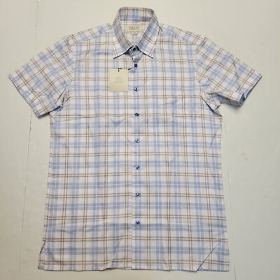 HAGEN CARMEL Men's Medium M Blue Tan White Plaid Check COTTON Short Sleeve Shirt