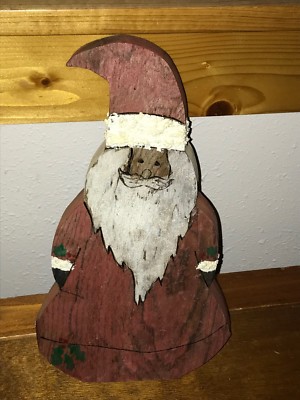 Estate Rustic Hand Carved Painted Thick Wood Santa Claus Figurine Holiday Decora