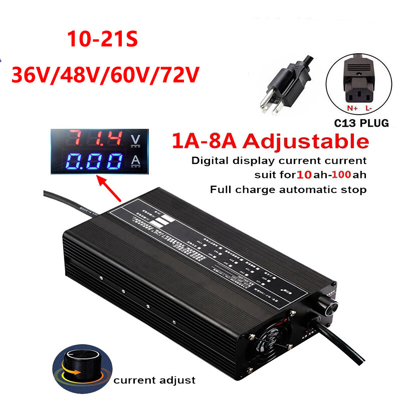36- 72V Li-ion LiPo Lifepo4 Lithium E-Bike Battery Charger Curren Adjust  1-8A