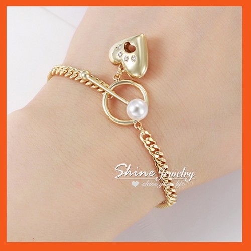 9K GOLD GF LADY GIRLS PAW PRINT HEART TOGGLE PEARL BONE BAR CURB CHAIN BRACELET - Picture 2 of 9