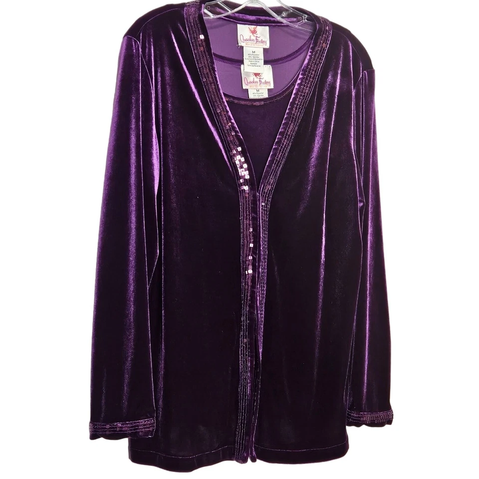 Quacker Factory 2Pc Cardigan Tank Womens Medium Sequins Purple Velour Set - Image 2 of 4