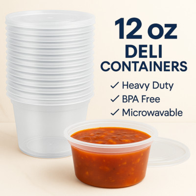 12 oz Round Deli Food/Soup Storage Containers w/ Lids Microwavable Clear Plastic