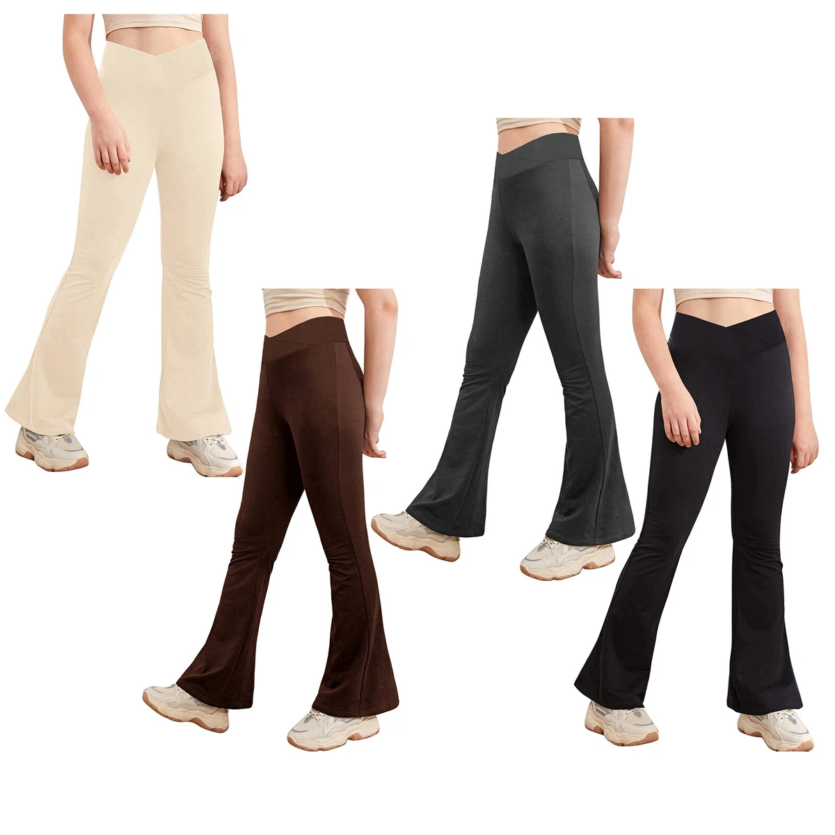 Girls Flared Leggings V-Shaped Waistband Bootcut Pants Bell-Bottomed  Trousers