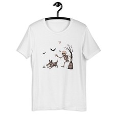 Skeleton Playing With Dog T-Shirt Cute Halloween Graveyard Tee