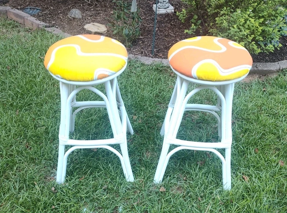 2 Vintage Coastal Bamboo Rattan White Retro Beach Chic Backless Bar Stools Set - Image 2 of 4