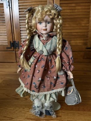 The Emerald Doll Collection Porcelain Girl Doll Blonde Blue Eyes Stand