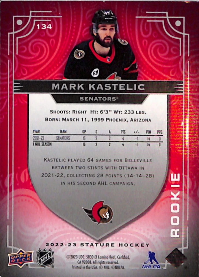 2022-23 Upper Deck Stature Red Ottawa Senators Mark Kastelic RC #134 /75 - Image 2 of 2