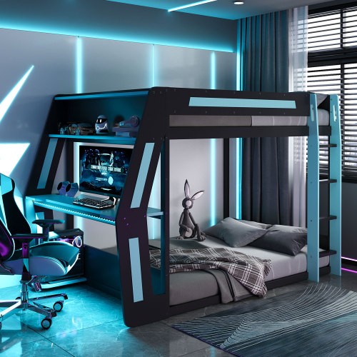 Modern Gaming Bunk Bed with Desk and Storage Shelves Full Size Wood Bed Frame