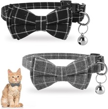 2Pcs Cat Collar Breakaway with Bells Bowtie Plaid Black
