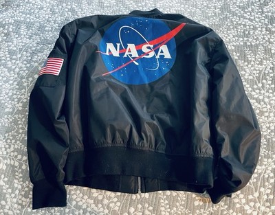 Quilted NASA Large Space Lab 2 Bomber Jacket Full Zip Black  w Flag & Payches