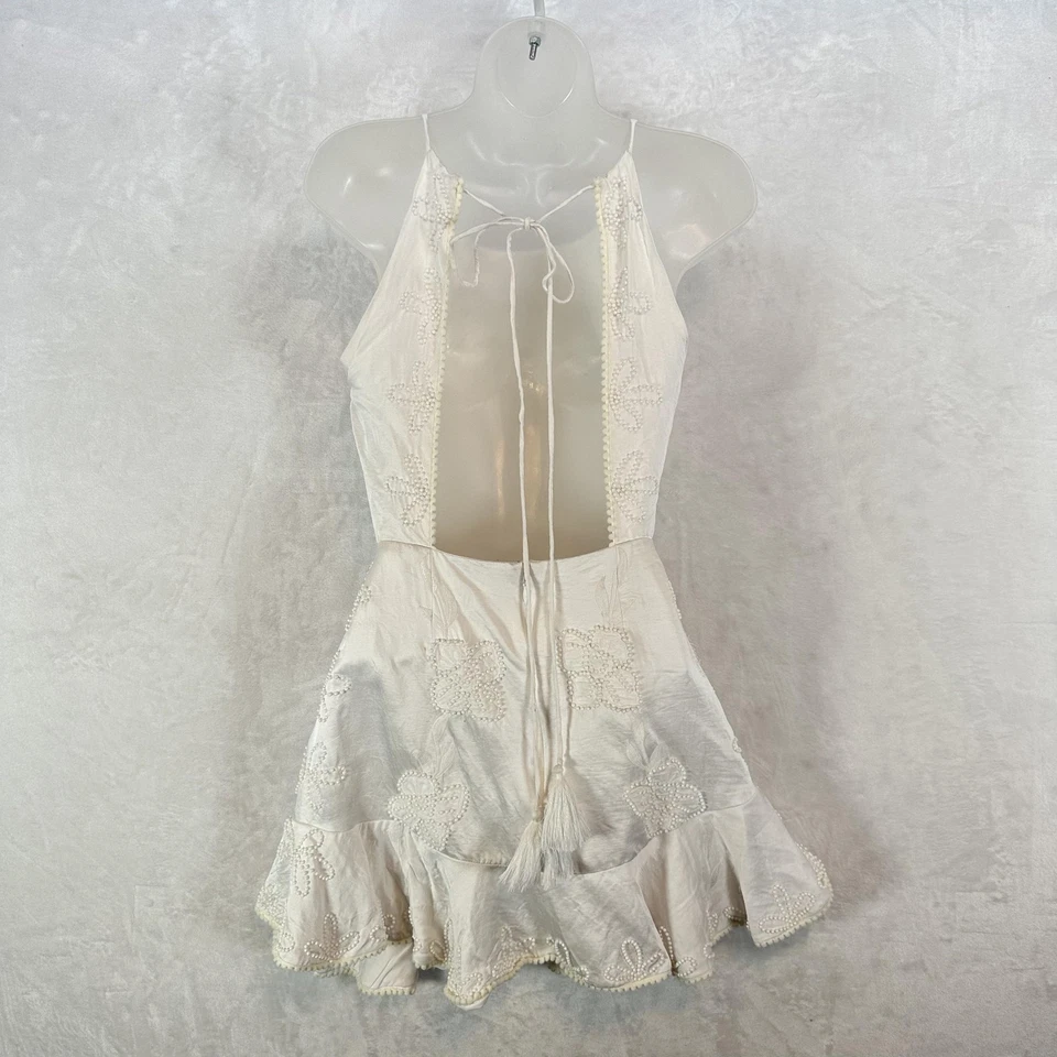 Vestido Karina Grimaldi Para Mujer XS Blanco Mezcla Seda Cuentas Halter Espalda Abierta Volantes Foto 3 de 4