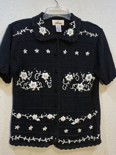 WORTHINGTON WOMENS VEST BLACK FLORAL EMBROIDERED SIZE MP VINTAGE 80’90’ - Picture 2 of 9
