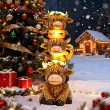 Christmas Highland Cow Statue Solar Outdoor Decor with Flower Decoration Garden 