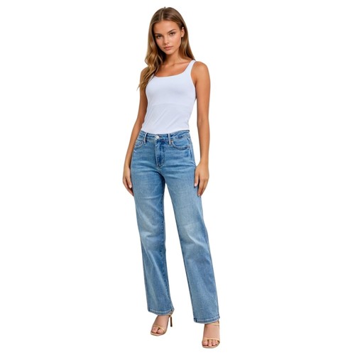 Judy Blue Mid Rise Tummy Control Vintage Wash Straight Leg Jeans dla kobiet - Zdjęcie 5 z 6