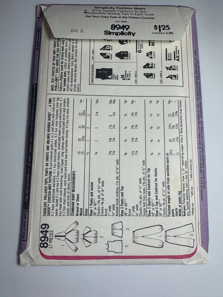 Vtg Simplicity Pattern 8949 Toddler Stretch Pull over Tops Hoodie Shorts SZ 1-3T - Image 4 of 4