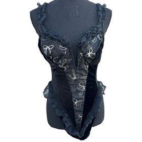 Vtg 80s Fredericks Black Velvet Bows Babydoll High Cut Lingerie Bodysuit LARGE