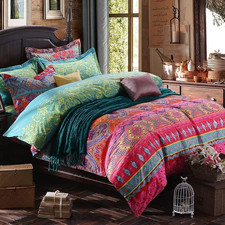 King Duvet Cover Set Boho Cotton 3 Pieces Exotic Red Teal Bohemian Colorful Retr