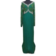 Vintage Jovani Fully Beaded Silk Gown XL - 1X Open Back Dress Emerald Green 90s
