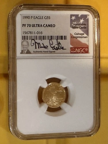 1990 P GOLD MIKE CASTLE SIGNED NGC PF70 AMERICAN EAGLE $5 1/10 OZ ULTRA CAMEO