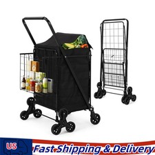 Heavy Duty Folding Shopping Cart Utility Jumbo Double Basket 200lbs Black