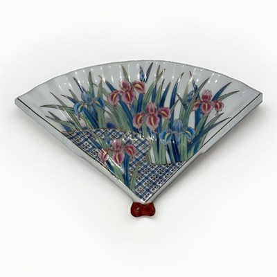 Porcelain Floral Iris Fan Dish / Vanity Tray~ Blue Pink Amari Style 