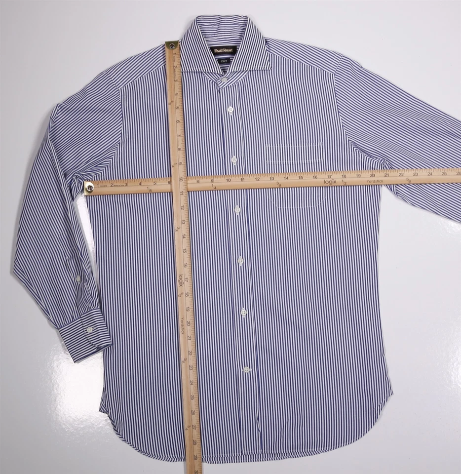 Paul Stuart Blue White Striped Cotton Slim Fit Dress Shirt (39) 15.5-32 - Image 4 of 4