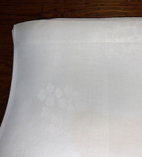 Vintage White Damask Heavy Linen Stripes Floral Ivey Tablecloth 86   X 62   