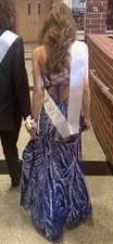 Blue Silver Sequin Prom Formal Gown Strappy Back Side Slit
