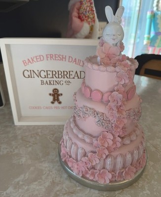 13  Tall Sweet Treats Easter Bunny Faux Pink Cake with Macaroons & Flowers Decor