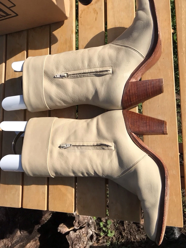 Botas de cuero para mujer Frye media pantorrilla beige talla 8,5 hechas en EE. UU. Pull On Western Foto 4 de 4