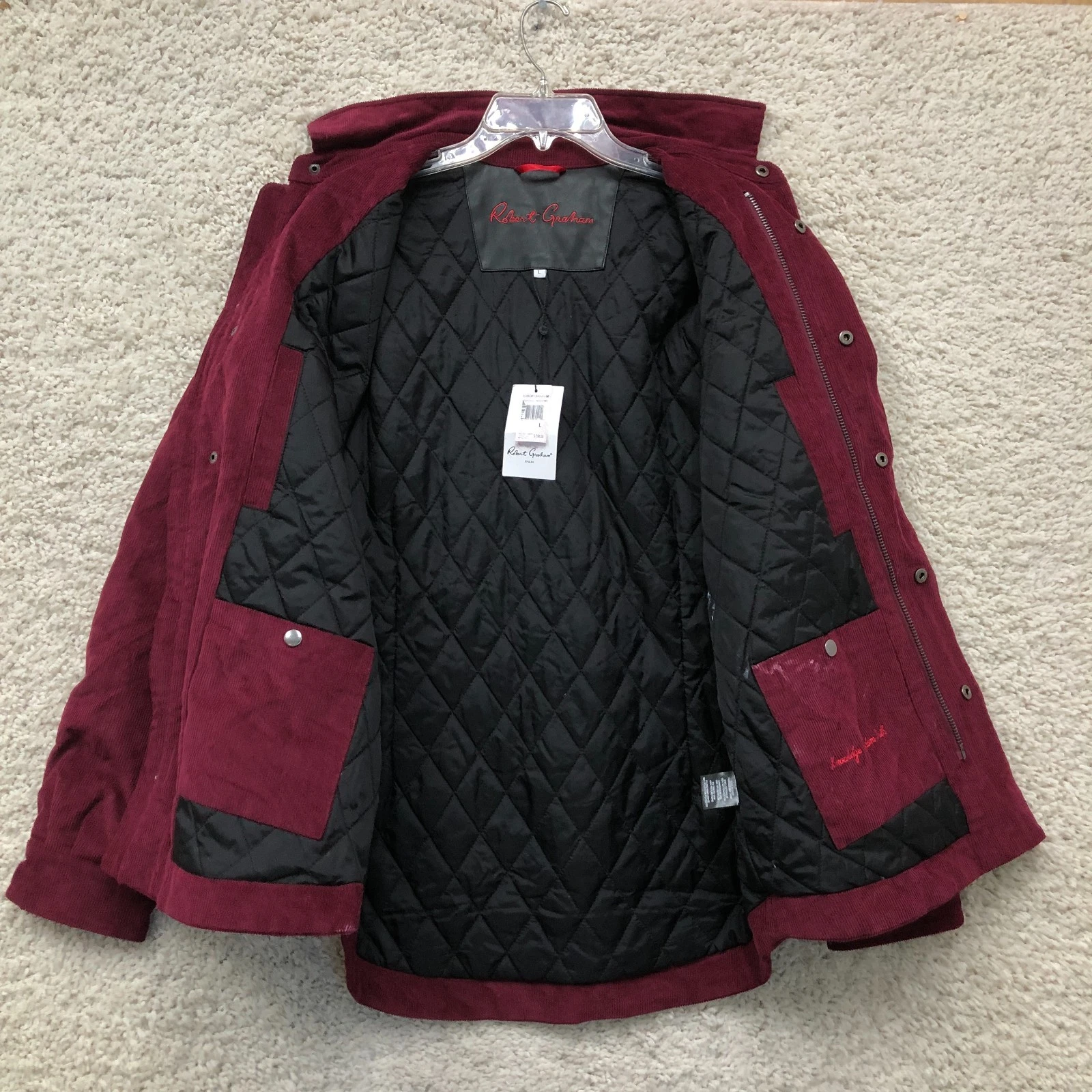 NEW Robert Graham Jacket Large Adult Red Burgundy Corduroy Quilted Lined Mens L image 4
